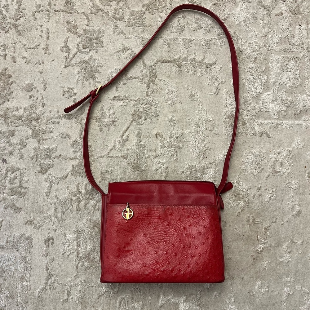 Red Ostrich-Texture Crossbody Bag with Gold Accent
